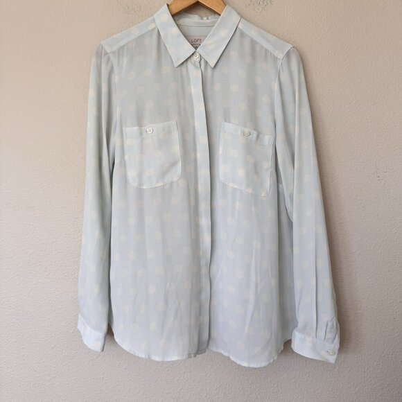 Loft Polka Dot Utility Blouse Blue Size Medium Sky Blue White Cream - Picture 1 of 5